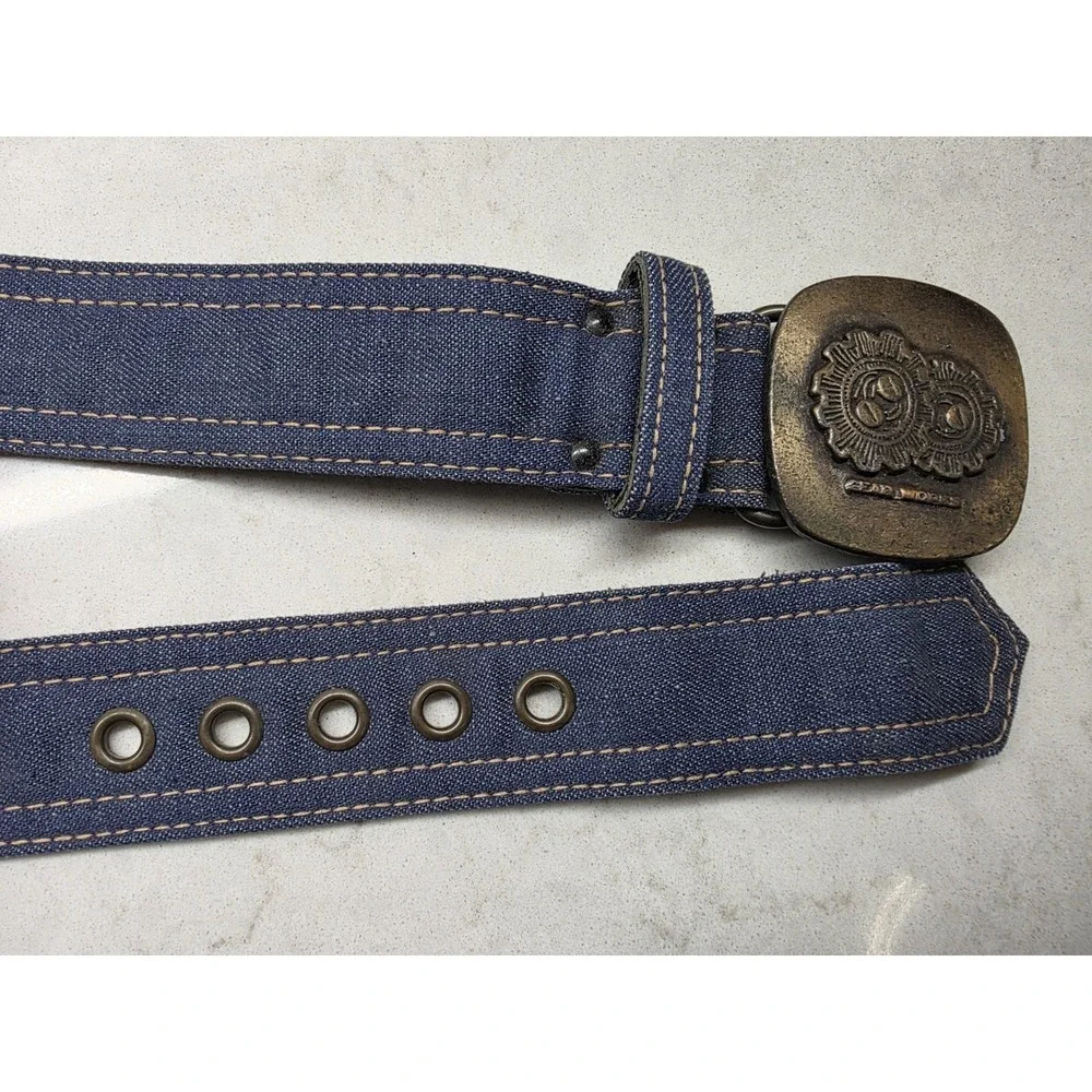 Y2K Gear Works Industrial Belt 30 Blue Canvas Leather Grommet Buckle